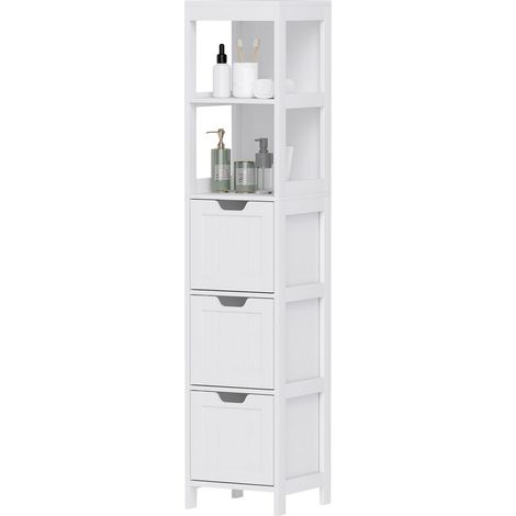 Mueble de baño Mueble de baño, mueble alto para baño con 3 cajones, 2 compartimentos abiertos, mueble de almacenamiento para baño, salón, blanco, 30 x 30 x 142,4 cm Aosoma (1/5)