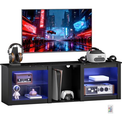 Schwarzes 160 cm LED-TV-Möbel, kompatibel mit Fernsehern bis zu 65 Zoll, verstellbare Glasböden, integrierte Beleuchtung, moderner Stauraum für das Wohnzimmer.