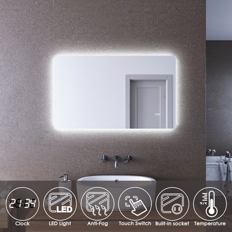 ELEGANT LED Illuminated Bathroom Mirror 1000 x 600mm with Clock Temperature Display Anti-foggy Led Mirror (1/5)
