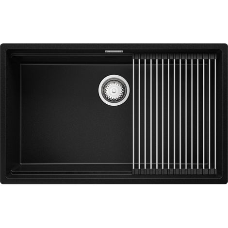 PRIMAGRAN Evier Cuisine en Granit 76x47cm, Lavabo 1 bac + Kit de Vidage + Égouttoir Enroulable, Évier à Encastrer au meuble 80cm - Prague Slim, Noir (1/5)