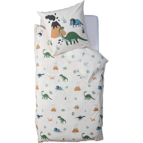 Parure de lit Dinosaure en coton 140x200cm beige imprimé dino - Atmosphera créateur d'intérieur (1/3)