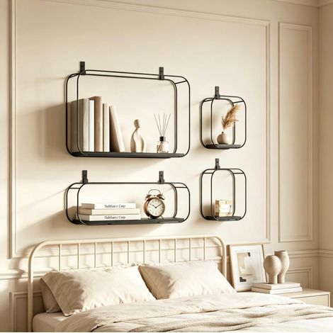 Set di 4 mensole da parete industriali geometriche in metallo e MDF, nero OKMYHOME (1/5)