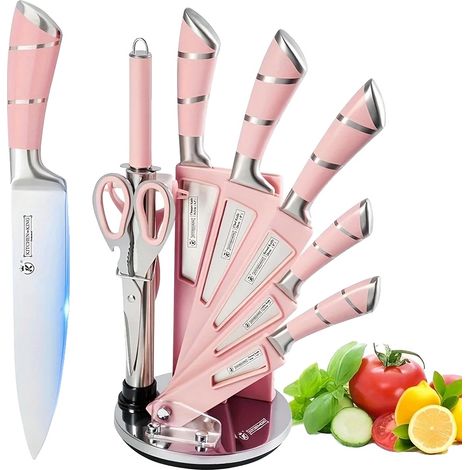 Juego de cuchillos, hojas de acero inoxidable de alto contenido de carbono, mango ergonómico hueco, color rosa. (1/2)