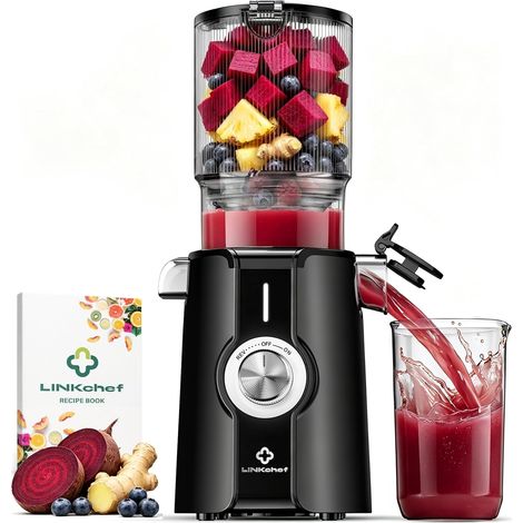Extracteur de Jus Fruits et Légumes, Slow Juicer 200W avec Grande Ouverture 115 mm pour Fruits Entiers, Machine à Jus Compacte, Sans BPA, Facile à Installer et Nettoyer, avec 2 Verres (1/5)