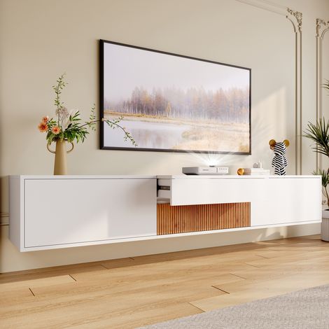 Meuble TV moderne 180x34x30 cm - Fixation murale/sur pied - 3 portes - Étagères coulissantes - Panneaux de particules - Blanc et naturel (1/5)