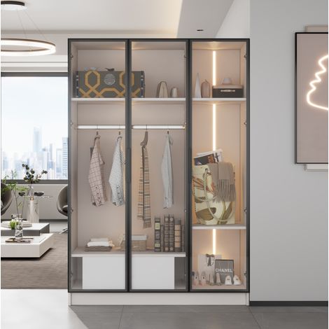 Armario blanco 110 x 50 x 160 cm con 3 puertas de cristal, 1 cajón, 1 barra y LED HAVRYA (1/5)