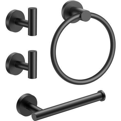 Ensemble de 4 accessoires de salle de bain noirs : porte-essuie-tout et 2 crochets porte-serviettes, outils de salle de bain muraux (1/5)