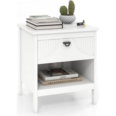 COSTWAY Table de Chevet avec Tiroir, Table de Nuit Bois avec Etagère Ouverte, Glissière en Métal, Chevet de Lit sur Pied pour Chambre, Moderne, Blanc, 45 x 40 x 50 cm (1/5)