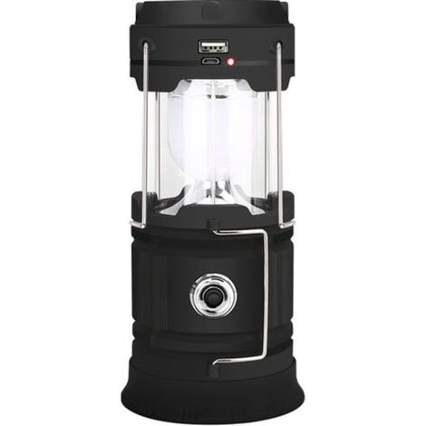 Lampe LED solaire et rechargeable USB, puissante lampe de camping, 2 modes d'éclairage, lanterne portable pour jardin, lampe torche suspendue 360°, noir (1/5)