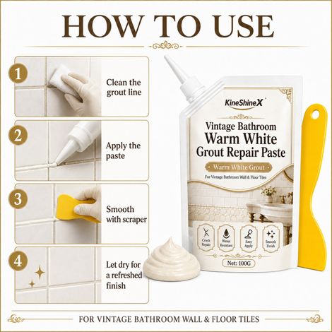 KineShineX Retro Badezimmer-Fugenreparaturpaste Warmweiß 100 g – Wasser- und schimmelresistentes Fugenreparaturmittel (1/4)