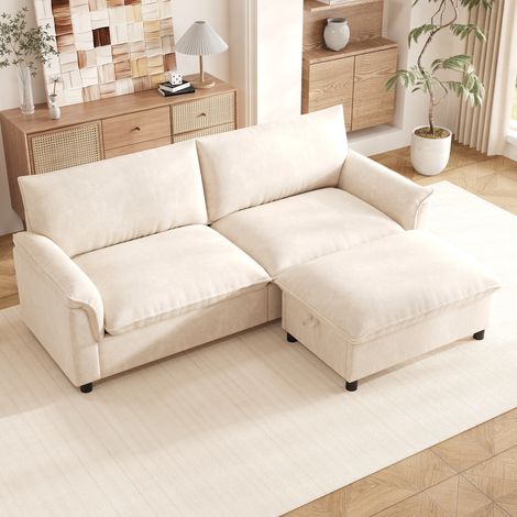 Canapé d'angle modulable Cloud beige, assise profonde et confortable, design scandinave, méridienne avec pouf amovible, dossier élevé, grand canapé moelleux pour salon, dimensions : L216 x H82 x P77 c (1/5)