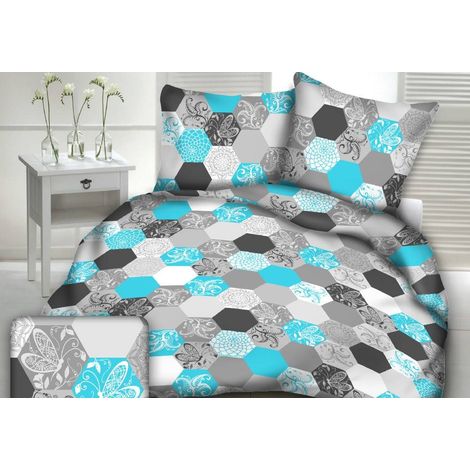 Juego de ropa de cama I 160x200 con estampado hexagonal turquesa y gris. (1/2)