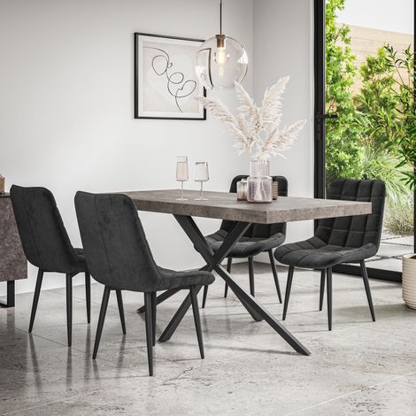 Donni Dining Table And Chairs - Grey Table Top w Black Legs + Nova Velvet Dining Chair Set Of 4 (Black) (1/5)