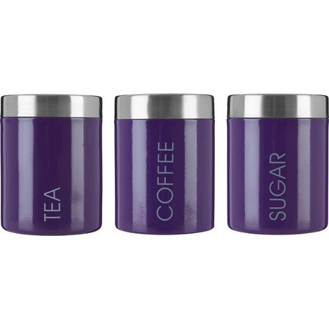 PREMIER Housewares 0508495 Scatola Metallica Set di Te, Caffe e Zucchero Smalto Viola e Coperchi in Acciaio Inossidabile Satinato (1/5)