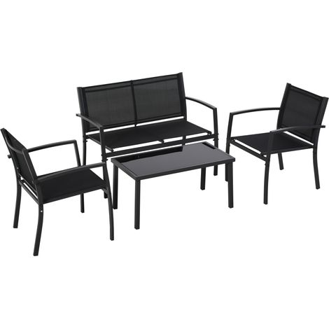 Salon de jardin 4 places, canapé 2 places, 2 fauteuils et table basse en verre trempé, coussins fournis, noir (1/5)