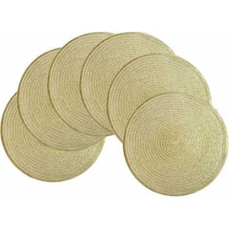 Set of 6 Round Plaited Placemats Gold Heat Resistant Washable Placemats Non-slip Placemat Decoration for Lunch, Kitchen, Wedding, Party - 38x38cm (1/5)