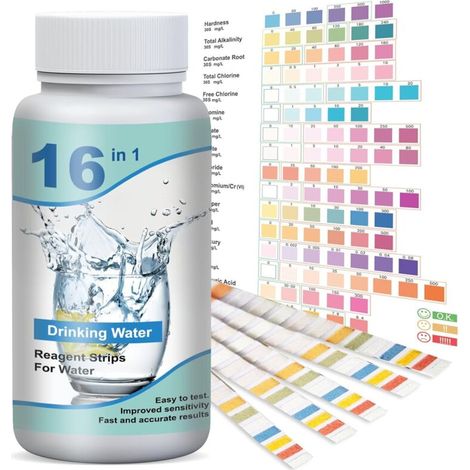 Bandelettes de test pour eau de piscine et spa – 50 unités, 16 en 1, analyse complète qualité eau potable et traitée (1/5)