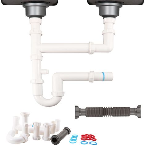 1 1/2" Siphon Double pour Évier de Cuisine Universel Peu Encombrant, Tuyau d'Évacuation Flexible, Adapté aux Éviers, Lave-Vaisselle et Lave-Linge. (1/5)