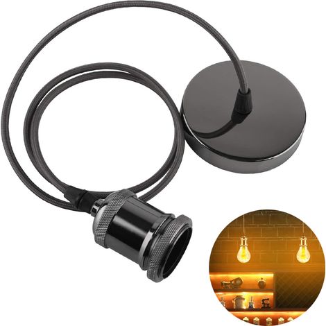 Suspension industrielle miniature vintage à douille E27, câble en tissu noir tissé, kit de suspension réglable (1/5)