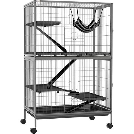 Cage pour rongeurs multifonctionnelle 4 plateaux 3 rampes 4 portes 80x52x128 cm acier gris argenté noir (1/5)