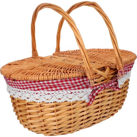 Handwoven Wicker Picnic Basket with Removable Washable Lining, Double Lid and Folding Handle, Rustic Red Decor for Outdoor Activities (1/5)