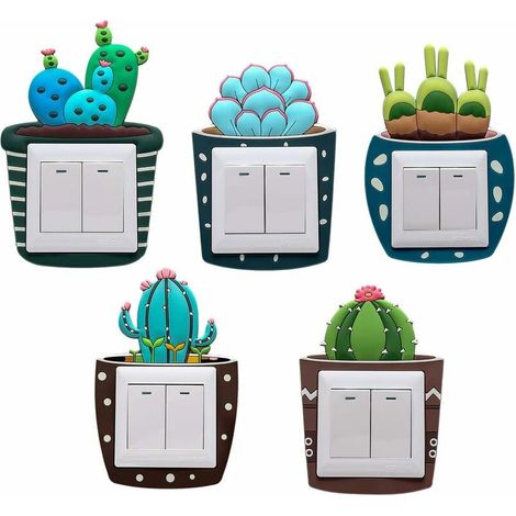 Lot de 5 autocollants muraux en caoutchouc pour interrupteur Motif Cactus, Pour prise interrupteur 8,6 cm x 8,6 cm (1/5)
