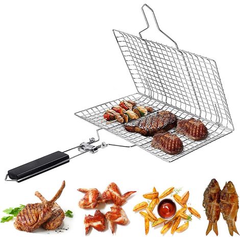 Cesta de barbacoa portátil, cesta plegable de acero inoxidable para pescado, carne, camarones y verduras, asa desmontable, 32 x 21,5 cm, tamaño pequeño.