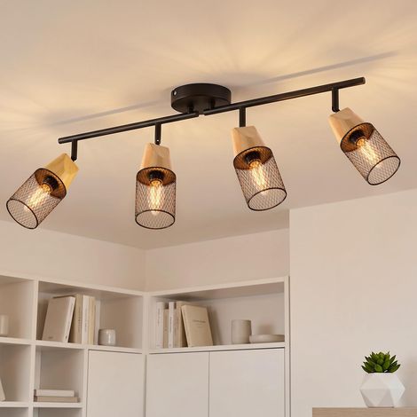 Plafonnier LED 4 Spots, E14 Spot de Plafond Orientable, Rampe Spot LED Mural avec des Abat-jours en Bois, Salon, Chambre, Cuisine (Sans Ampoules) (1/5)