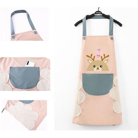 Tablier de cuisine avec poche pour lingettes, imperméable et résistant à l'huile, tendance et adorable pour la maison. Tablier rose avec poche bleue. (1/3)