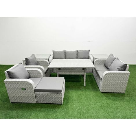 Fimous PE Rattan Garden Furniture Set Reclining Chair Sofa Double Love Seat 2 Seater Sofa Lounge Set Rectangular Dining Table Big Footstool 2 Side Table Light Grey (1/4)