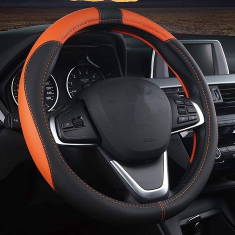 Couvre Volant Universel en Cuir Microfibre Protege Volant Voiture Respirant et Antidérapant 38cm, Doux et Confortable Durable Housse Volants Voiture (Noir-Orange)