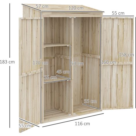 Abri de jardin en épicéa avec deux portes et étagères, 120 x 57 x 183 cm, couleur naturelle. (1/5)