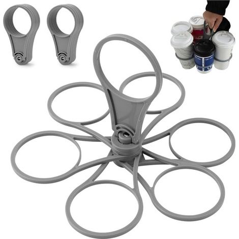 Porte-gobelets pliable gris en 2 pièces (pour 6 gobelets empilés). Support réutilisable de poche pour café, boissons gazeuses et bière. (1/5)