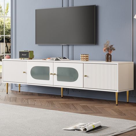 Meuble TV 170 cm, avec 2 portes de rangement, 2 portes en verre arc, pieds en métal, rectangulaire, meuble salon en bois - Blanc (1/5)
