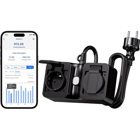 Multiprise Connectée Extérieure (Type F), Prise WiFi Étanche IP44 Suivi de Consommation d'Énergie, Commande Vocale et Contrôle à Distance (1/5)