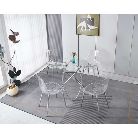 Set da pranzo con tavolo e 4 sedie in metallo cromo, sedie in velluto con schienale alto ergonomico e gambe placcate oro (1/5)