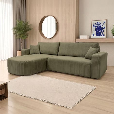 Loungitude – Canapé convertible d'angle réversible 4 places – Velours côtelé vert kaki – Coffre de rangement intégré – Méridienne arrondie (1/5)