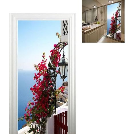 3D-Türsticker mit Meerblick und traditionellen Blumen neben einem griechischen Haus