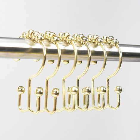 Goldene Duschvorhangringe und -haken, 12er-Set – Hellgoldene, rostbeständige, verschiebbare Doppelhaken aus Metall für Duschvorhangstangen (1/5)