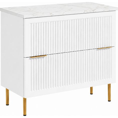 Mobile Bagno a Terra sotto Lavabo con Piano, 2 Cassetti con Chiusura Ammortizzata, Frontale Rigato MDF 18 mm, Bianco + Piano Marmo Bianco, Maniglie Oro, Piedini Oro, 80 x 46 x 73,6 cm (1/5)