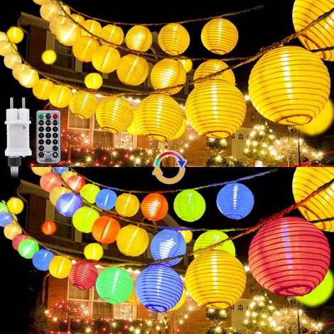 Guirlande lumineuse LED - 12 m - Blanc chaud et multicolore - 11 modes - Avec télécommande - 40 lanternes chinoises - Éclairage extérieur - Pour patio et jardin (1/5)