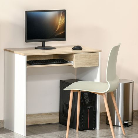 Escritorio de dormitorio, escritorio de madera para PC, escritorio para ordenador con bandeja para teclado, blanco y roble.