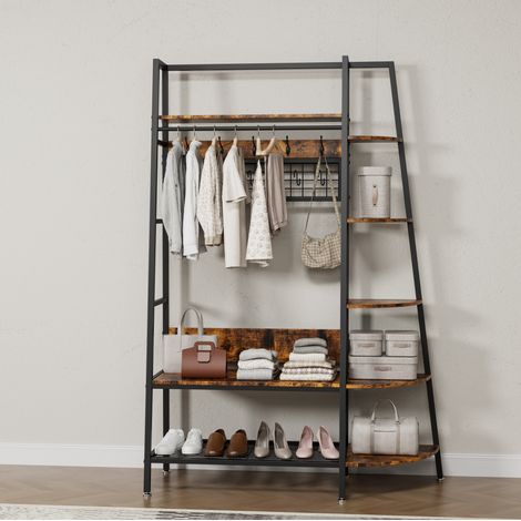 Perchero de pie con estantes, organizador multifuncional, metal y madera, negro y marrón (1/5)