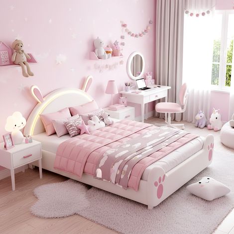 Einzelbett 140x200 cm in Hasenform, Kinderbett für Mädchen im Cartoon-Stil aus Samt, mit LED-Kopfteil und Lattenrost - Weiß-Rosa