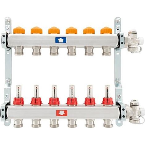 Collecteur chauffage inox pour radiateur, 2 circuits, avec débitmètre, femelle 1'' (26/34) mâle 3/4'' EK (20/27) - Itap