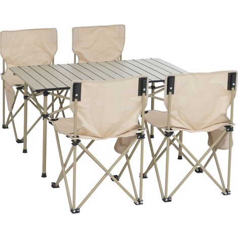 Ensemble de camping HWC-Q39, table + 4 chaises pliantes, chaises de péche pliables, métal et tissu -