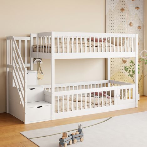 Etagenbett 90x200 Kinderbett mit Sicherheitstreppe und Schubladen, weißes Holzeinzelbett mit Stauraumbett für Kinder, Jugendliche (1/5)