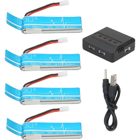 Lot de 4 batteries lithium-ion pour hélicoptère RC, plastique bleu, 3,7 V 520 mAh, accessoires d’avion RC avec chargeur, compatibles WLtoys V977 (1/5)