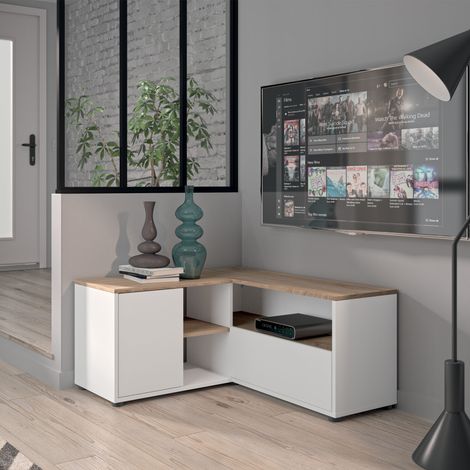 M&S – Meuble TV d'angle 90x90x46 cm blanc et chêne – Design authentique avec deux volets – Compartiments de rangement spacieux