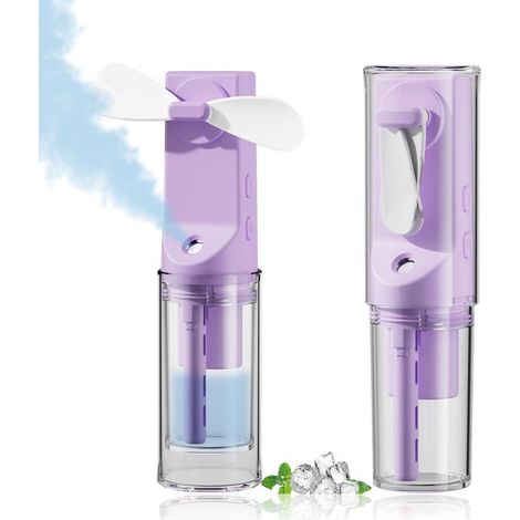 Mini ventilateur à main avec brumisateur - Vaporisateur d'eau - 1500 mAh - Rechargeable USB-C - 4 vitesses - Portable 14 cm - Idéal bureau et voyages - Violet (1/5)